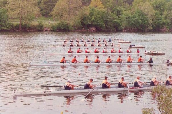 Eights racing on the Schuylkill at the Dad Vail Regatta.