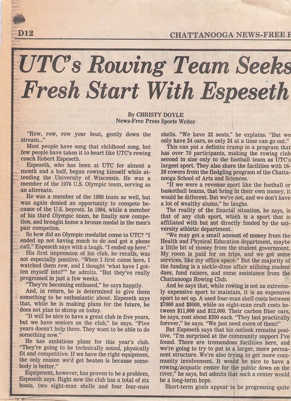 Chattanooga News-Free Press article 'UTC's Rowing Team Seeks Fresh Start With Espeseth' by Christy Doyle, October 29, 1989.