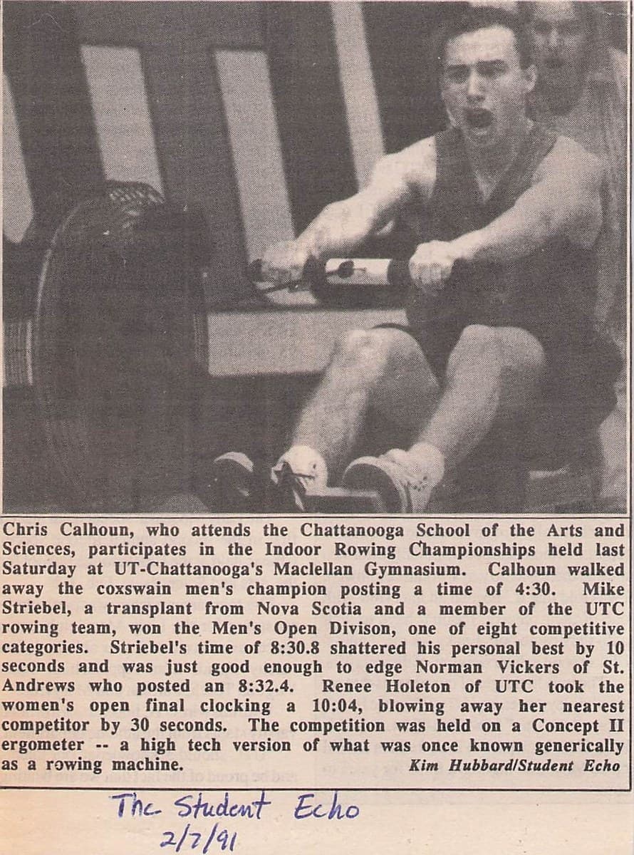 Student Echo, February 7 1991: photograph of Chris Calhoun pulling a Concept II ergometer at the inaugural Tennessee Indoor Rowing Championships at UTC's Maclellan Gymnasium.