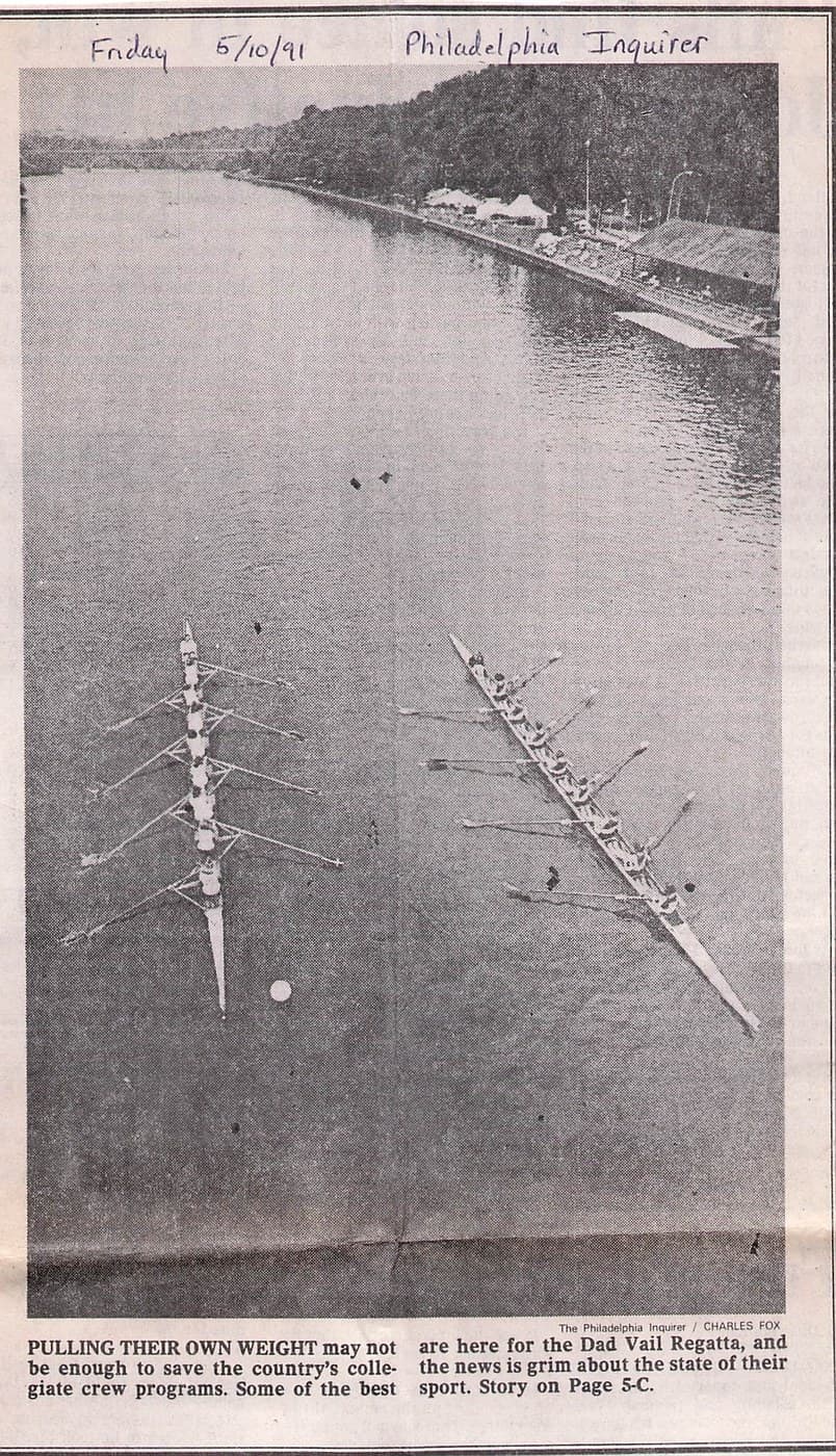 Aerial photograph of two crews racing the Dad Vail Regatta on the Schuylkill River, Philadelphia Inquirer, May 10, 1991. Photo by Charles Fox.