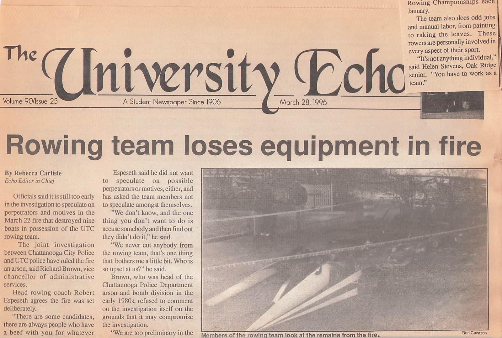 University Echo, March 28 1996, front-page article: 'Rowing team loses equipment in fire' by Rebecca Carlisle. Includes a photo of UTC athletes inspecting hull remains.