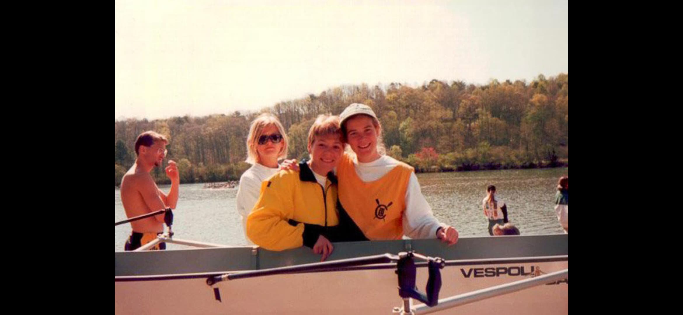 Dock photo, three rowers next to a Vespoli shell, ~1996